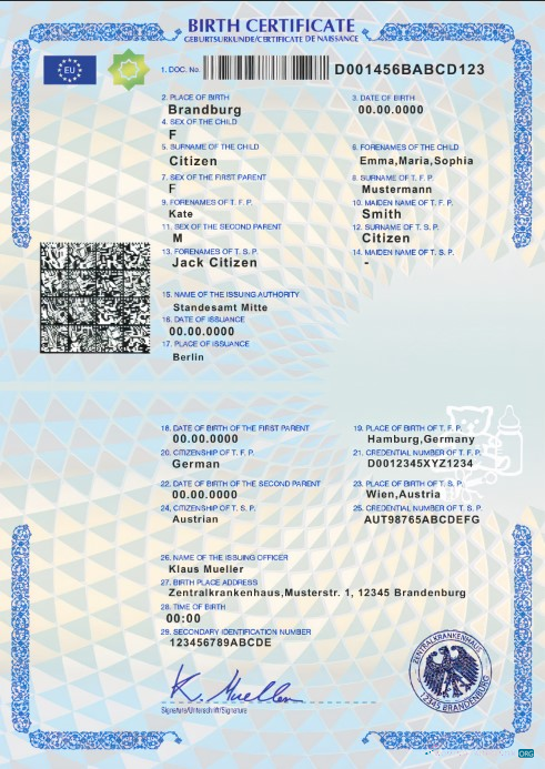 Download Germany birth certificate template in PSD format Photoshop template